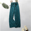 Women Fashion Summer Wide Leg Pants Pleated Ice Silk Trousers Elastic Waist Loose Casual Pants