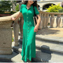 Elegant Knitted Dress Women Solid Single Breasted O Neck Short Sleeve High Waist Hip Package Dresses 2025 Autumn Chic Robes Lady