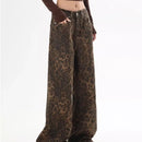 American vintage leopard print jeans female autumn winter new design sense small straight tube overalls casual pants