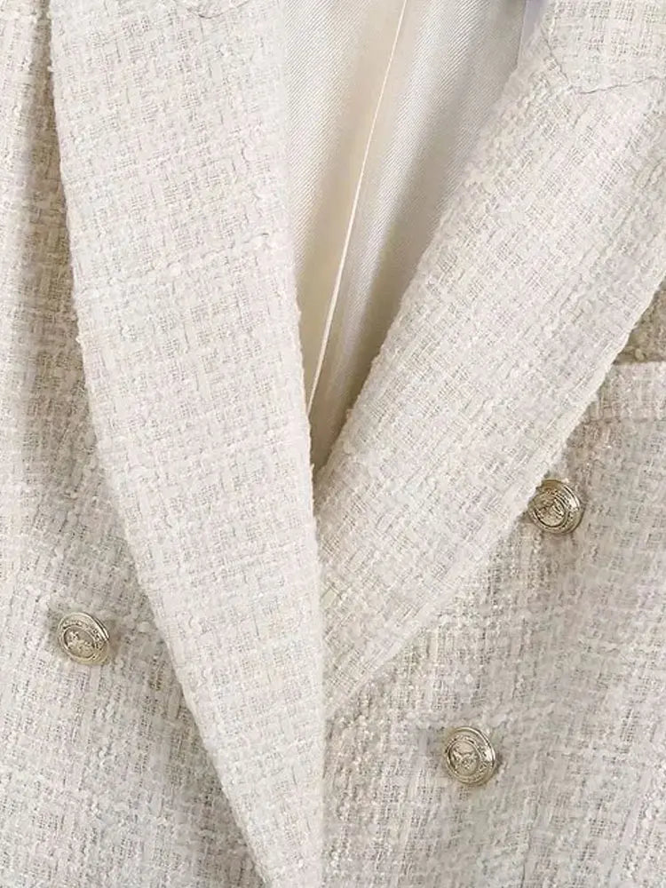 TRZA Women Fashion Tweed Double Breasted Blazer Coat Vintage Long Sleeve Flap Pockets Female Outerwear Chic Veste Femme