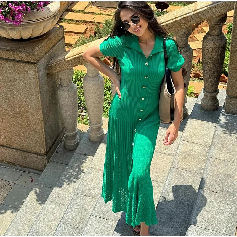 Elegant Knitted Dress Women Solid Single Breasted O Neck Short Sleeve High Waist Hip Package Dresses 2025 Autumn Chic Robes Lady