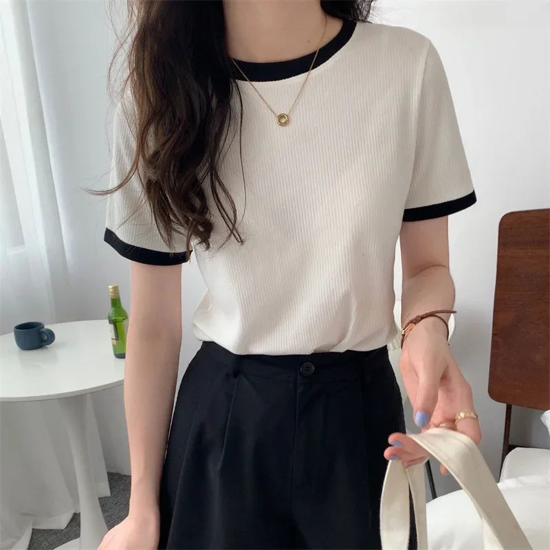 Casual Slim Fit Short Sleeve T-shirt Women's Top 2023 Summer New Style Korean Version Student Ribbed Women's Clothing Trendy