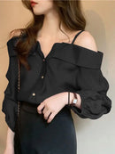 ZANZEA 2023 Fashion Shirts Women Sexy Off Shoulder Blouse Summer Casual Straps Button Tops Long Sleeve Pleated Solid Loose Tunic