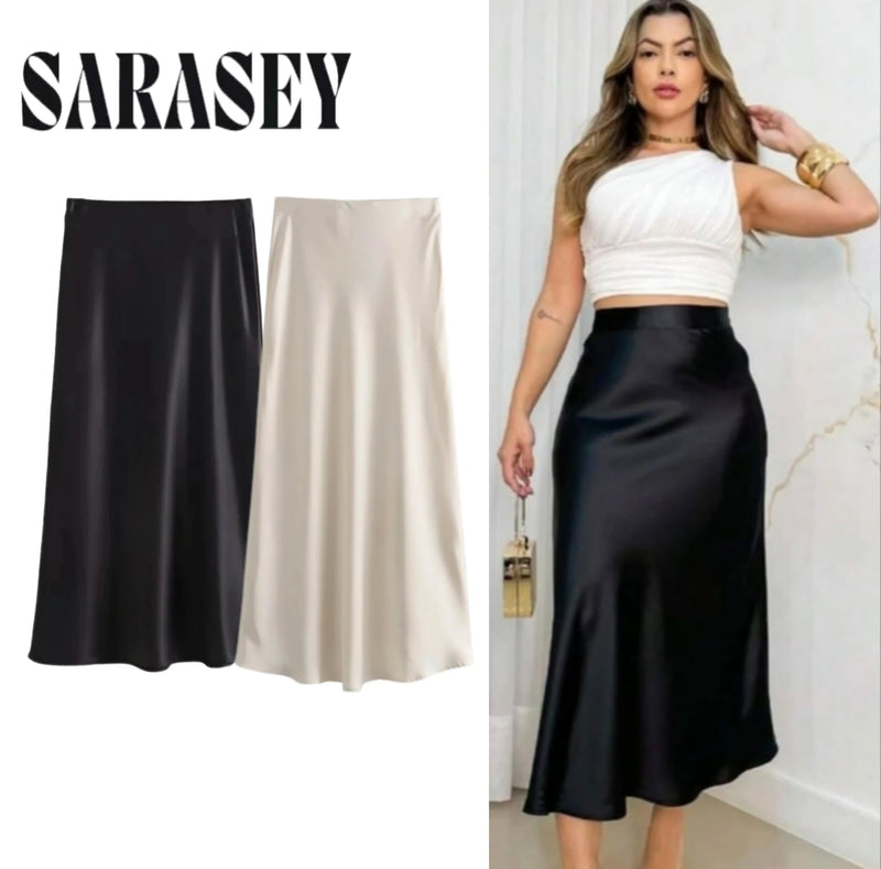 Women atin Black Skirt Women High Waist Long Skirts for Women Summer White Midi Skirt Office Elegant Daily Skirts