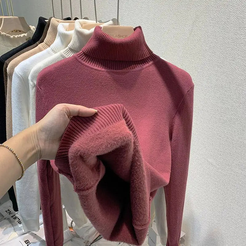 2025 New Thicken High Collar Pullover Women's Sweater Top Winter Warm and Soft Solid Color Inner Wear Bottoming Shirt