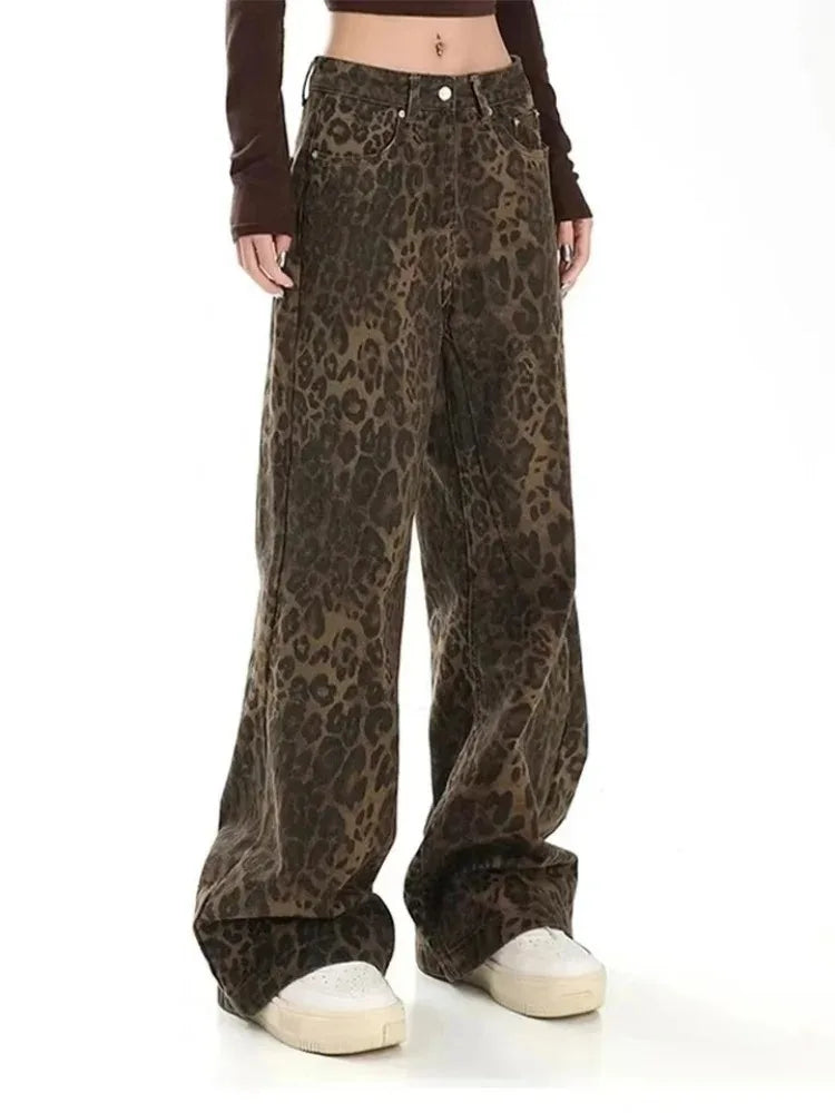 American vintage leopard print jeans female autumn winter new design sense small straight tube overalls casual pants