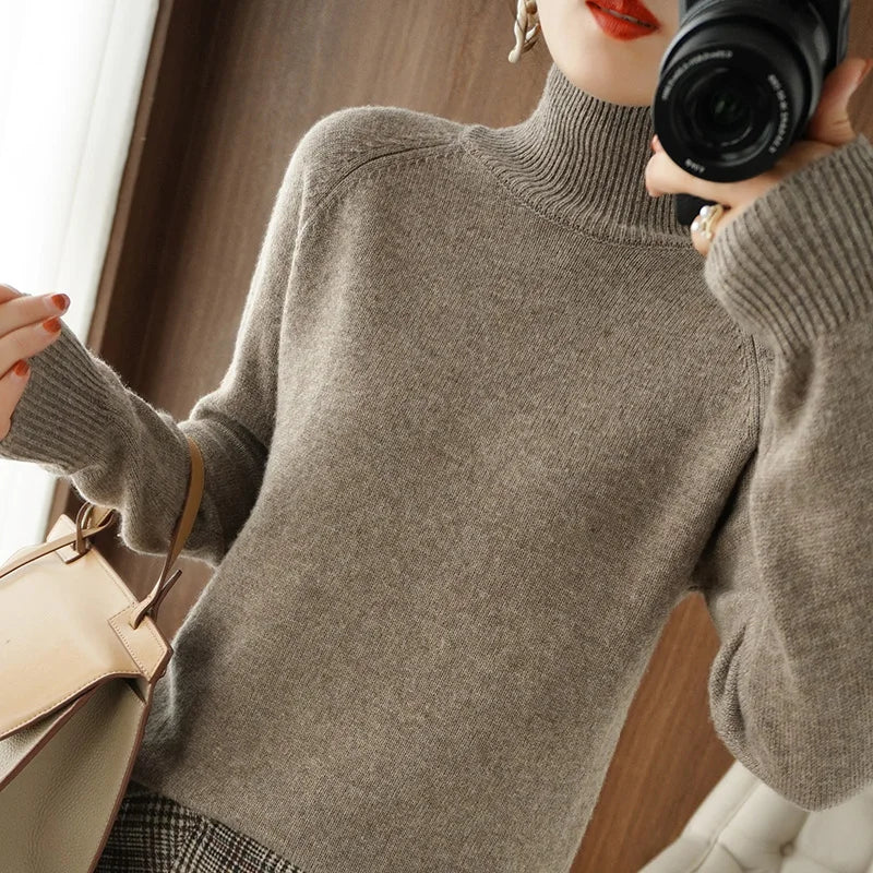 Fashion Basic Autumn Winter  Merino Wool Sweater Mock Neck Cashmere Pullover  Solid Color Soft Long Sleeve Clothing Tops