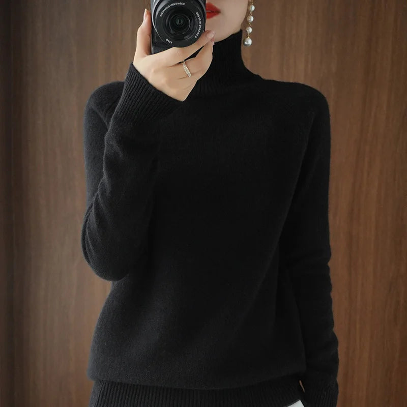 Fashion Basic Autumn Winter  Merino Wool Sweater Mock Neck Cashmere Pullover  Solid Color Soft Long Sleeve Clothing Tops