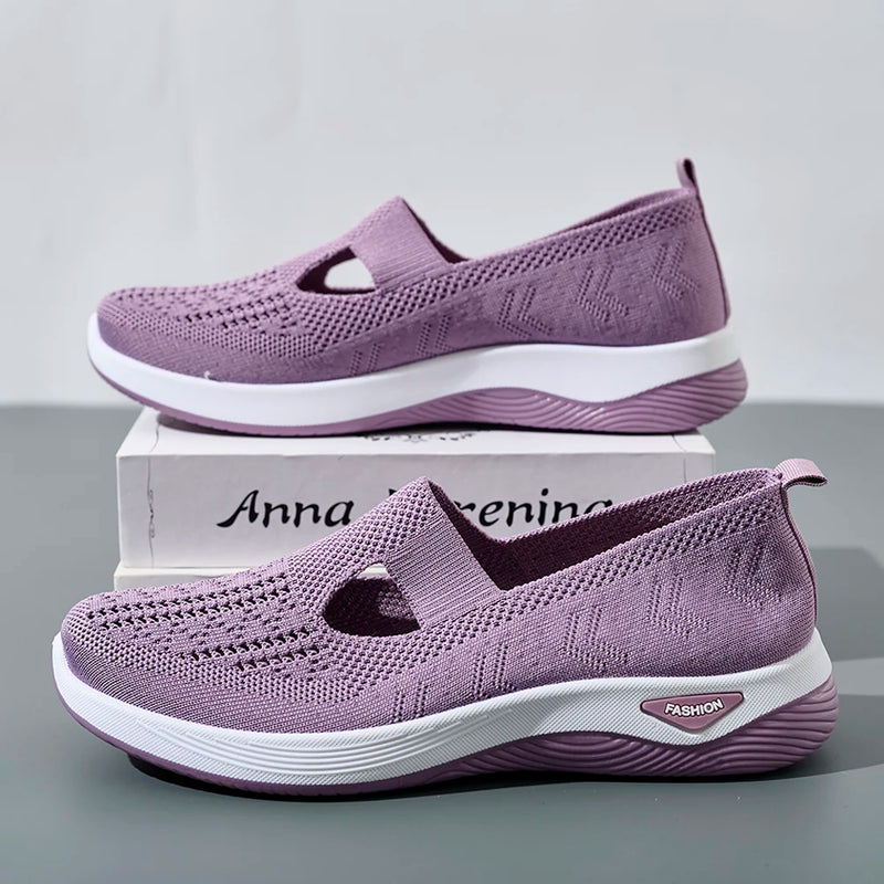 Women Sneaker Mesh Breathable Causal Women Shoes Antislip Flat Knitted Shoes Soft Bottom Slip On Tennis Shoes