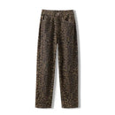 American vintage leopard print jeans female autumn winter new design sense small straight tube overalls casual pants