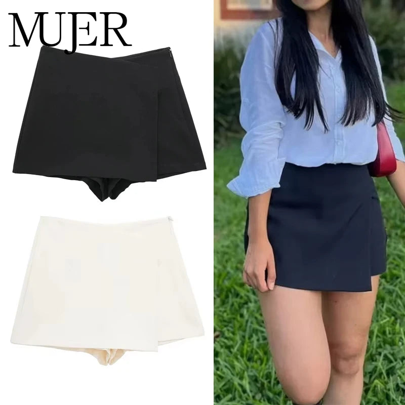 MUJER  Asymmetric Skort For Women Black High Waist Mini Skirt Shorts Women Casual Bermuda Shorts Woman Summer Skirt Shorts