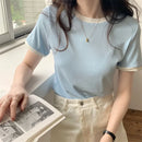Casual Slim Fit Short Sleeve T-shirt Women's Top 2023 Summer New Style Korean Version Student Ribbed Women's Clothing Trendy