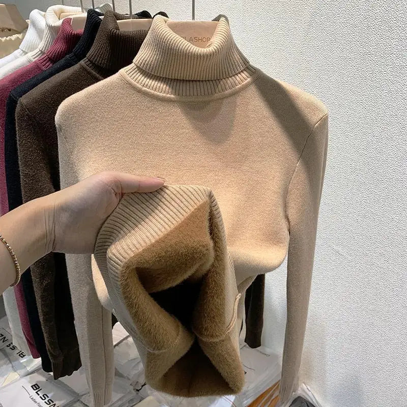 2025 New Thicken High Collar Pullover Women's Sweater Top Winter Warm and Soft Solid Color Inner Wear Bottoming Shirt