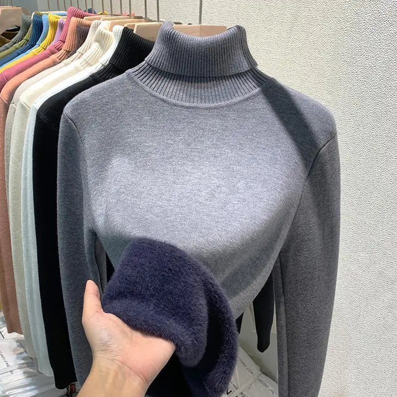 2025 New Thicken High Collar Pullover Women's Sweater Top Winter Warm and Soft Solid Color Inner Wear Bottoming Shirt