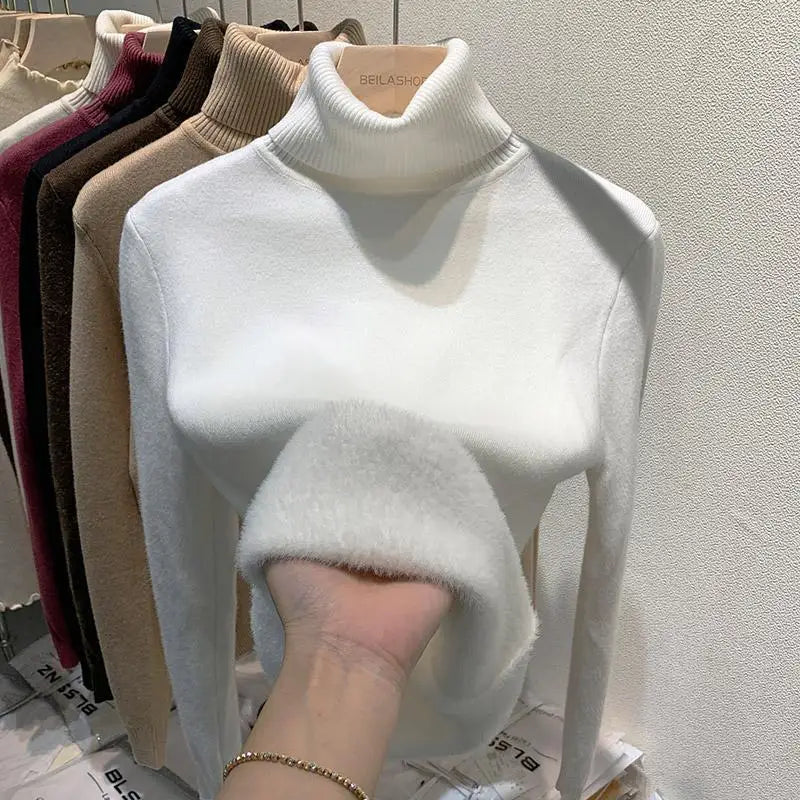 2025 New Thicken High Collar Pullover Women's Sweater Top Winter Warm and Soft Solid Color Inner Wear Bottoming Shirt