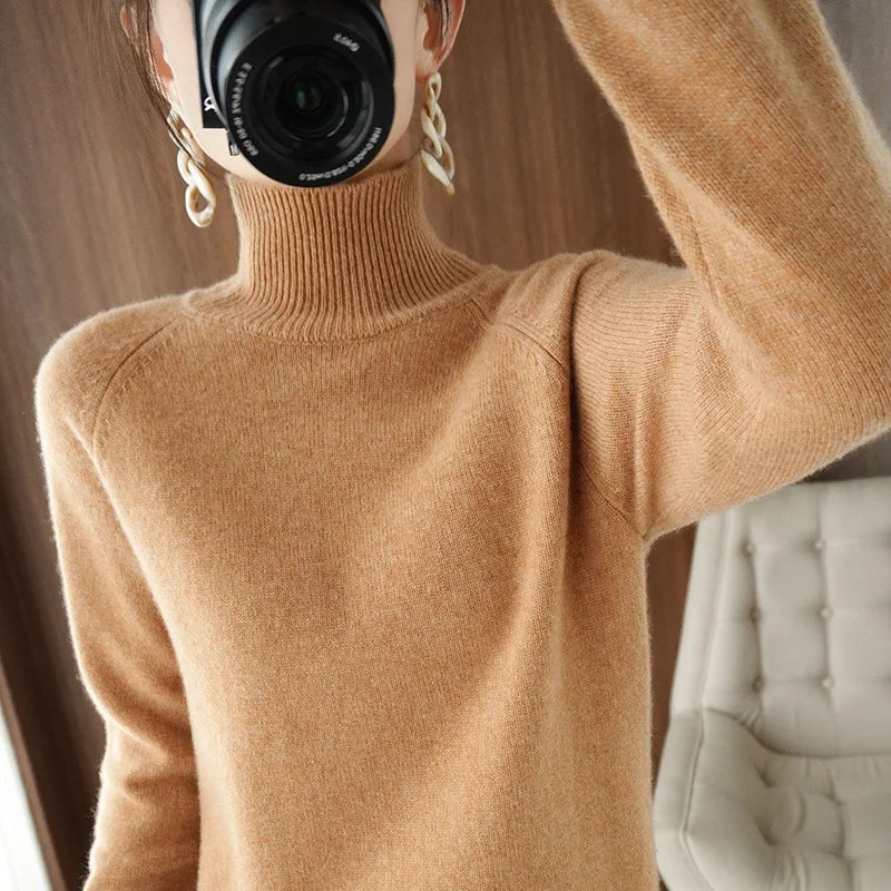 Fashion Basic Autumn Winter  Merino Wool Sweater Mock Neck Cashmere Pullover  Solid Color Soft Long Sleeve Clothing Tops