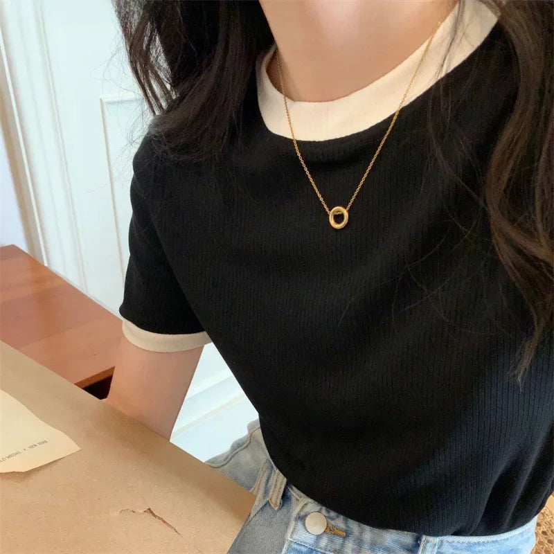 Casual Slim Fit Short Sleeve T-shirt Women's Top 2023 Summer New Style Korean Version Student Ribbed Women's Clothing Trendy