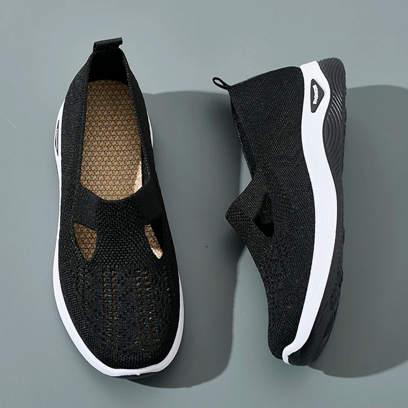 Women Sneaker Mesh Breathable Causal Women Shoes Antislip Flat Knitted Shoes Soft Bottom Slip On Tennis Shoes