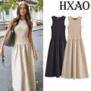 HXAO Khaki Elegant Long Dresses 2025 Women's Spring Sleeveless Black Dresses Fashion Casual Party Y2k Dress Vestidos For Female