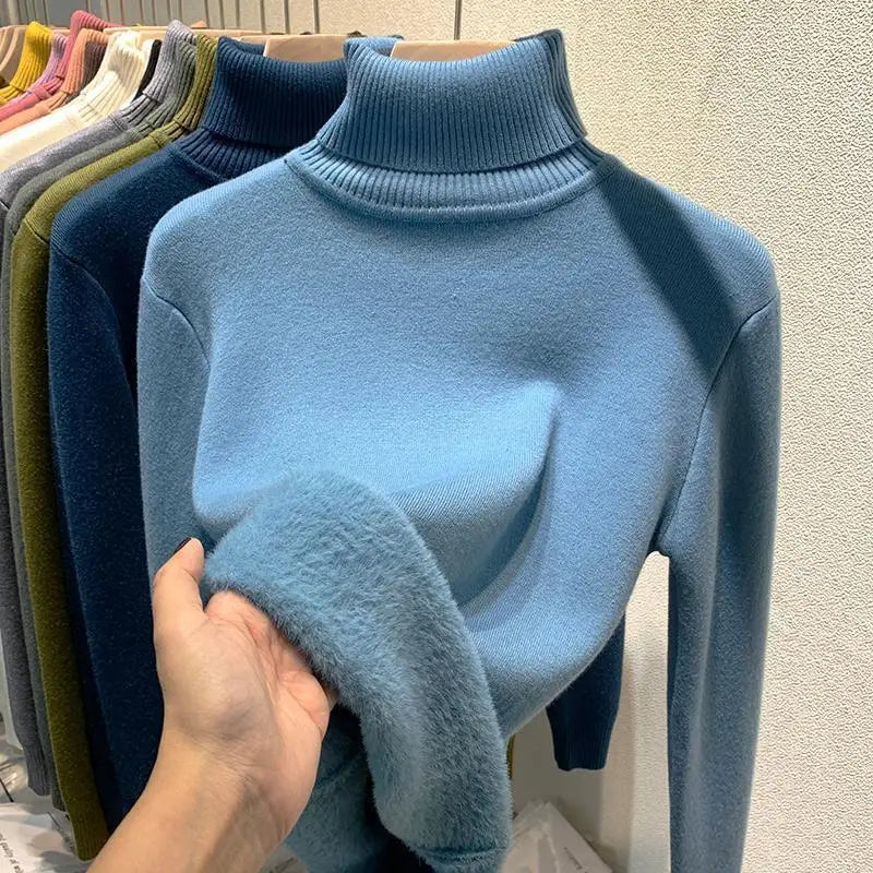 2025 New Thicken High Collar Pullover Women's Sweater Top Winter Warm and Soft Solid Color Inner Wear Bottoming Shirt