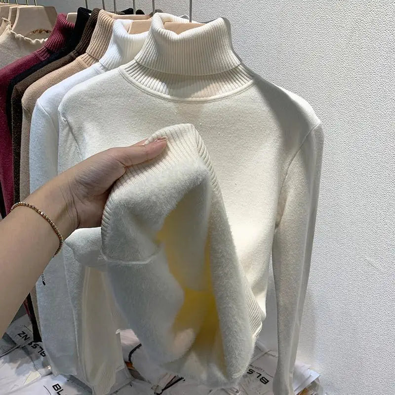 2025 New Thicken High Collar Pullover Women's Sweater Top Winter Warm and Soft Solid Color Inner Wear Bottoming Shirt